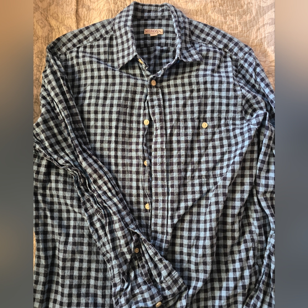 Merona men's M, blue checker print, casual button down, cotton
